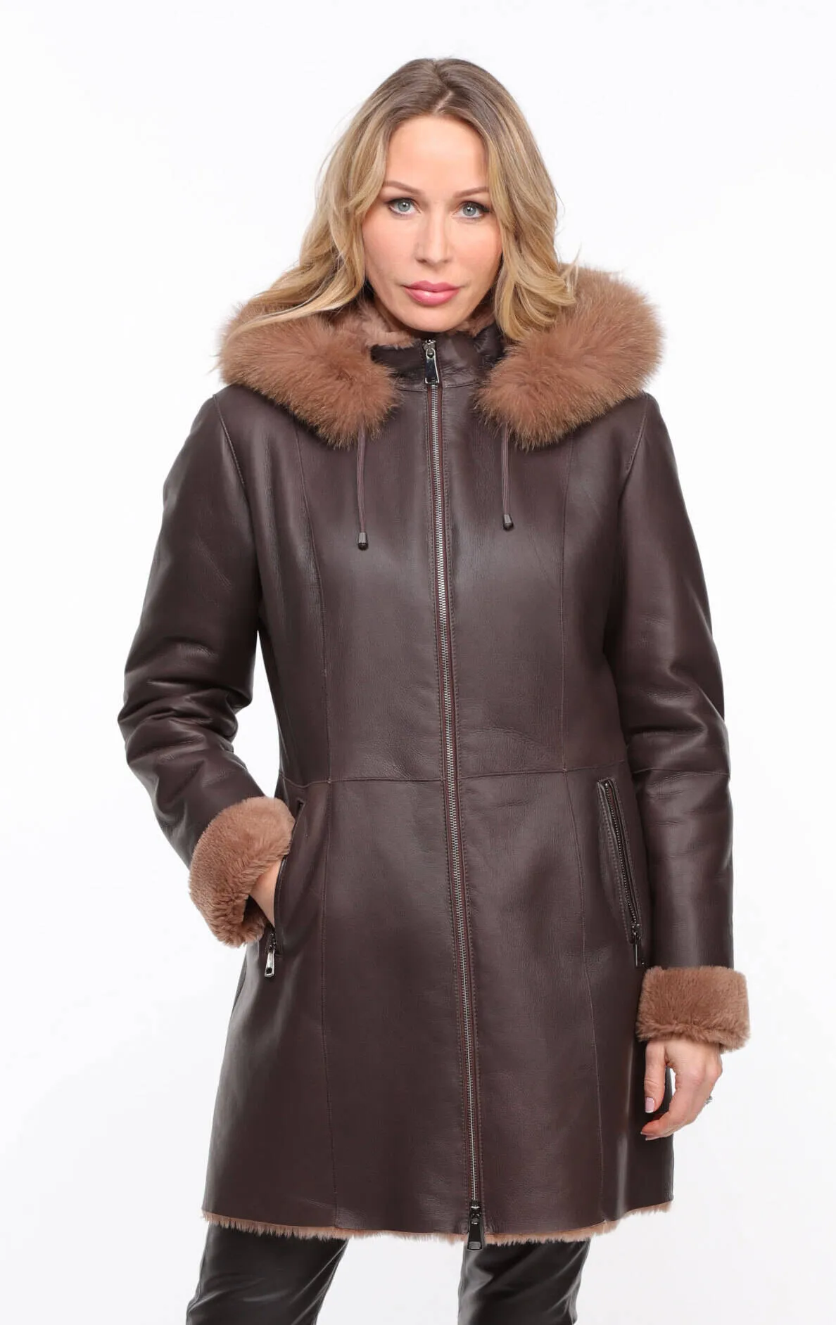 Women's chocolate hooded sheepskin coat \aurelia\