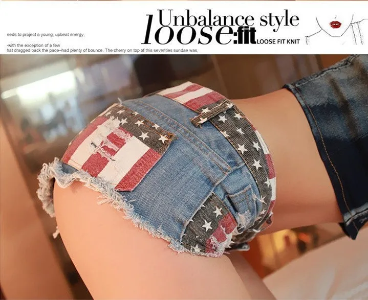 Women's USA Flag Printed Hole Denim Mid Waist Pole Dance Jeans Shorts