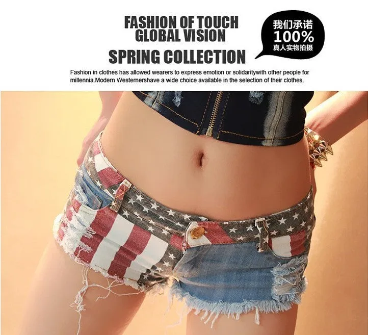 Women's USA Flag Printed Hole Denim Mid Waist Pole Dance Jeans Shorts