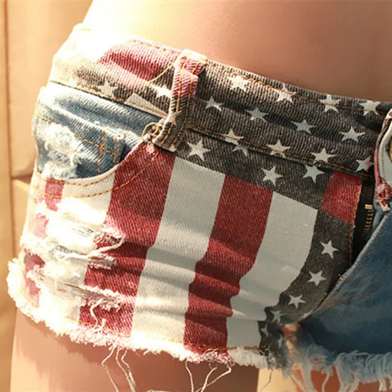 Women's USA Flag Printed Hole Denim Mid Waist Pole Dance Jeans Shorts